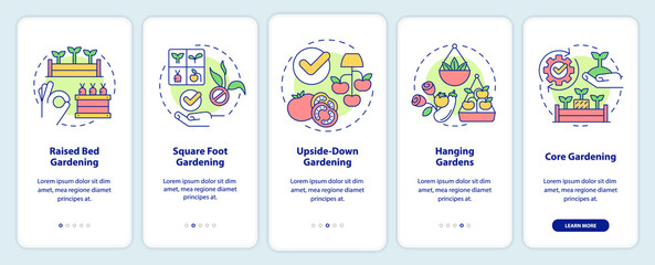 Naklejka premium Effective gardening onboarding mobile app screen. Plant care walkthrough 5 steps editable graphic instructions with linear concepts. UI, UX, GUI template. Myriad Pro-Bold, Regular fonts used