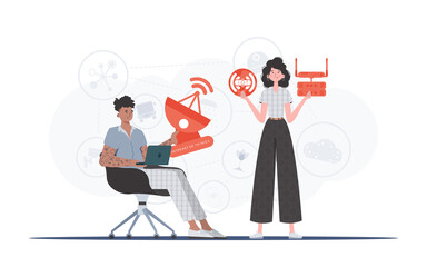 Internet of things and automation concept. The girl and the guy are a team in the field of Internet of things. Good for websites and presentations. Vector illustration in flat style.