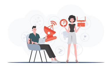 Internet of things and automation concept. The girl and the guy are a team in the field of Internet of things. Good for websites and presentations. Vector illustration.