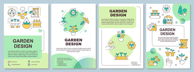Garden design and landscaping green brochure template. Leaflet design with linear icons. Editable 4 vector layouts for presentation, annual reports. Arial-Bold, Myriad Pro-Regular fonts used