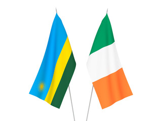 National fabric flags of Ireland and Republic of Rwanda isolated on white background. 3d rendering illustration.