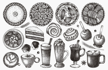 Autumn dessert collection. Thanksgiving dinner illustrations. Fall festival food  and drinks sketches. Sketched fall food drawings. Thanksgiving table hand drawn black and white icons