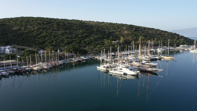 Aerial view of yacht jetty in Bodrum Turkey.