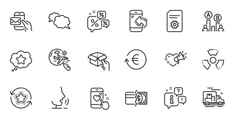 Outline set of Payment methods, Chemical hazard and Love message line icons for web application. Talk, information, delivery truck outline icon. Vector