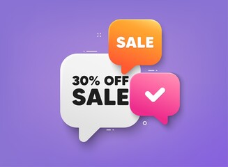 Sale 30 percent off discount. 3d bubble chat banner. Discount offer coupon. Promotion price offer sign. Retail badge symbol. Sale adhesive tag. Promo banner. Vector