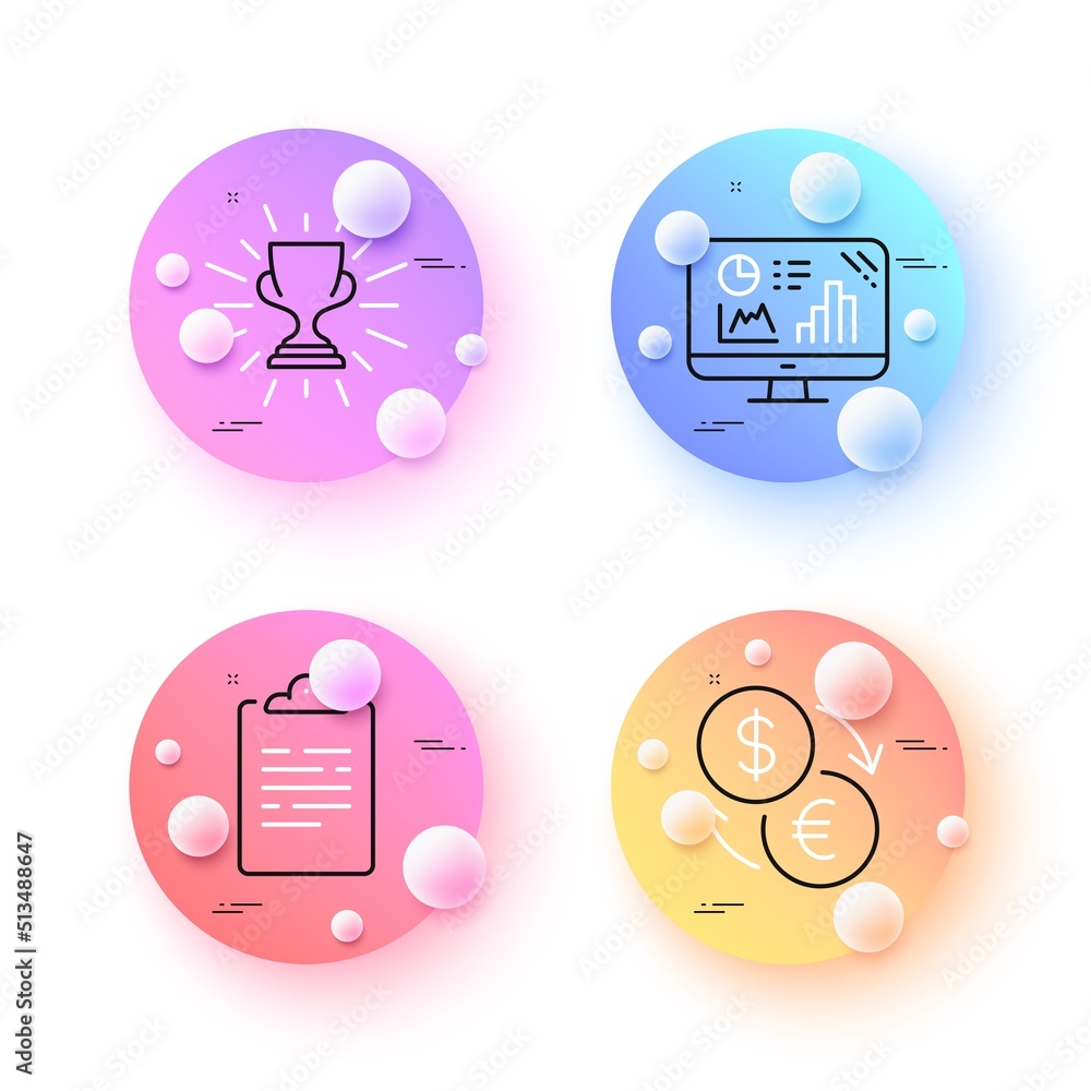 Poster trophy, currency exchange and analytics graph minimal line icons. 3d spheres or balls buttons. clipb