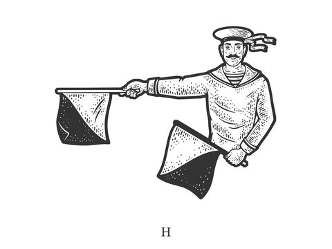 sailor signaling with flags, black and white clip art preview