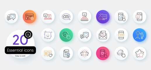 Feedback line icons. Bicolor outline web elements. Set of User Opinion, Customer service and Star Rating icons. Testimonial, Positive negative emotion, Customer satisfaction. Vector