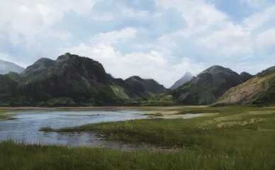 Fantastic Epic Magical Landscape of Mountains. Summer nature. Mystic Valley, tundra, forest. Gaming assets. Celtic Medieval RPG background. Rocks and grass. Beautiful sky and clouds. Lakes and rivers