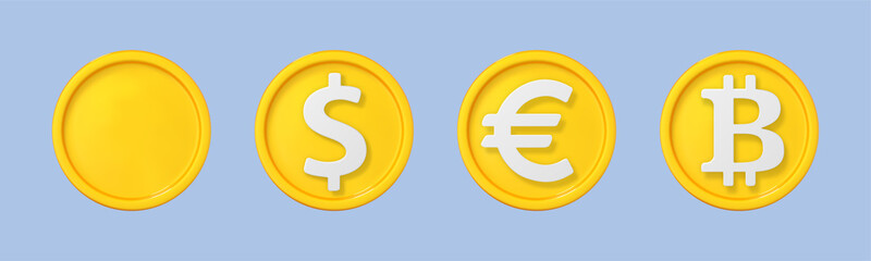 Fototapeta premium 3D cartoon gold coin icons set. Coins with signs different currencies. Vector 3d illustration