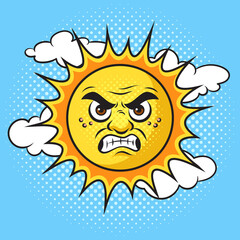 Evil angry sun pop art retro raster illustration. Comic book style imitation.