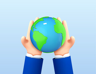 3D cartoon human hands holding globe isolated on blue background. Sustain earth concept. Save Earth. Environment Concept. Vector 3d illustration