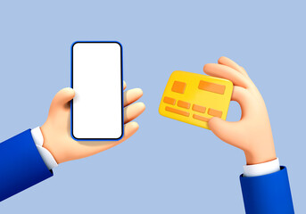 3D cartoon hands holding mobile phone and credit card. Online payment concept. Vector 3d illustration