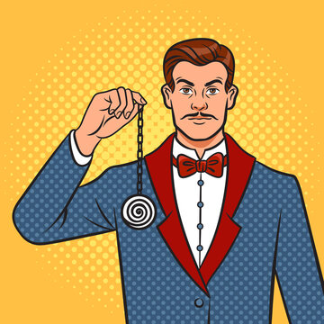 hypnotist man pop art retro raster illustration. Comic book style imitation.