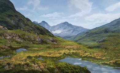 Fantastic Epic Magical Landscape of Mountains. Summer nature. Mystic Valley, tundra, forest. Gaming assets. Celtic Medieval RPG background. Rocks and grass. Beautiful sky and clouds. Lakes and rivers	