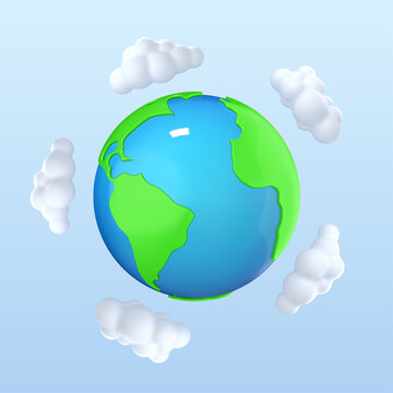 3D cartoon planet Earth with clouds. Environmental problems and environmental protection concept. Vector 3d illustration