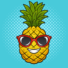 pineapple in sunglasses pop art retro raster illustration. Comic book style imitation.
