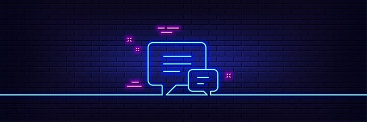 Neon light glow effect. Chat line icon. Speech bubble sign. Communication or Comment symbol. 3d line neon glow icon. Brick wall banner. Comment outline. Vector