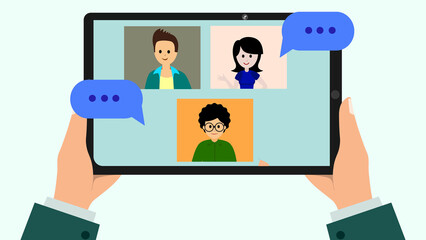 Social networking concept. Young people social network and connect together online community and internet concepts. tab or laptop with the video conference call.