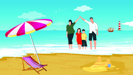 Travelling with family.  Family trip in holiday. Beach with people enjoy their holiday vacation.