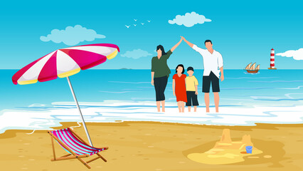Fototapeta premium Travelling with family. Family trip in holiday. Beach with people enjoy their holiday vacation.