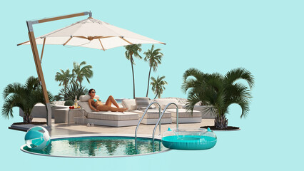 3D image travel pool relax girl