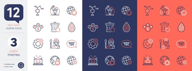Set of Best manager, Vaccine protection and Recovery trash line icons. Include Nurse, Globe, Coronavirus icons. Buying currency, Cogwheel, World weather web elements. Quickstart guide. Vector - obrazy, fototapety, plakaty