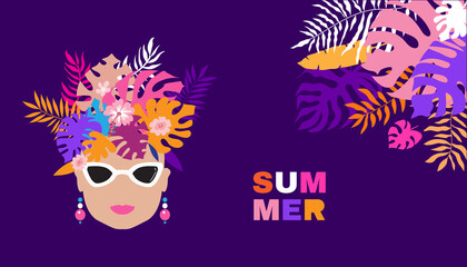 Summer concept design  with  pretty women,  palm trees, tropical leaves and flowers Exotic modern design for web banner, poster, wall art, web site, business trevel  Vector illustration