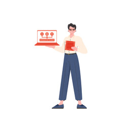 A man holds a laptop and a processor chip in his hands. IoT concept. Isolated. Trendy flat style. Vector illustration.
