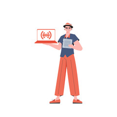 A man holds a laptop and a processor chip in his hands. IoT concept. Isolated. Vector.