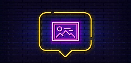 Neon light speech bubble. Photo line icon. Image thumbnail sign. Picture placeholder symbol. Neon light background. Photo glow line. Brick wall banner. Vector