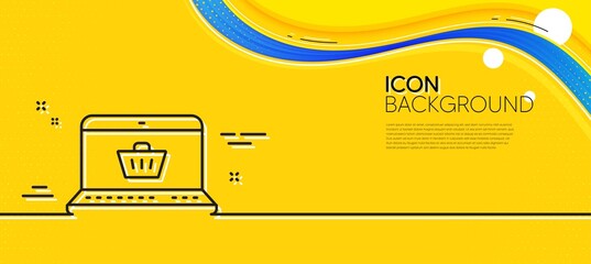 Plakat Online Shopping cart line icon. Abstract yellow background. Laptop sign. Supermarket basket symbol. Minimal online shopping line icon. Wave banner concept. Vector