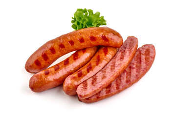 Roasted pork sausages bbq, isolated on white background.