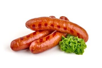 Grilled pork sausages, isolated on white background.
