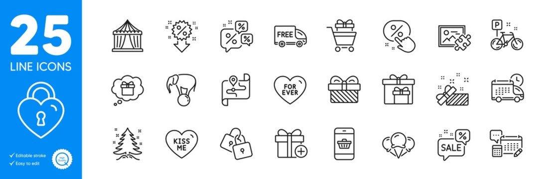 Outline icons set. Locks, Discount button and Free delivery icons. Present, Gift dream, Delivery boxes web elements. Elephant on ball, Love lock, Map signs. Account, Kiss me, Smartphone buying. Vector