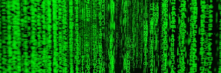 Abstract Futuristic green matrix Binary digital data panorama background 3D rendering