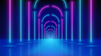 Glowing neon lines, tunnel, led arcade. Abstract technology background, virtual reality. Pink blue purple corridor neon arch, perspective. Ultraviolet bright glow. Vector illustration