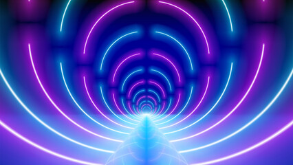 Glowing neon lines, led tunnel. Abstract technological background, virtual reality. Pink blue purple neon corridor of circles, perspective. Ultraviolet bright glow. Vector illustration