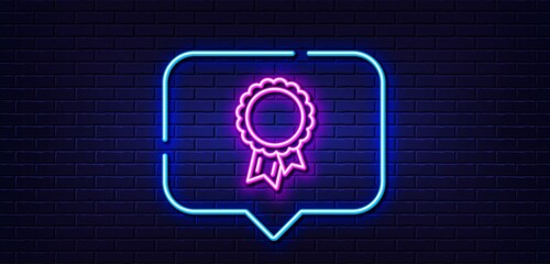 Neon light speech bubble. Success line icon. Winner medal sign. Award reward symbol. Glory or Honor. Neon light background. Success glow line. Brick wall banner. Vector