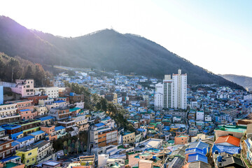 Fototapeta na wymiar Busan,South Korea on December31,2019:Beautiful scene of Gamcheon Culture Village.