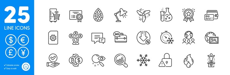 Outline icons set. Lock, Artificial colors and Search icons. Comment, Flammable fuel, File management web elements. Certificate, Refrigerator, Table lamp signs. Global business. Vector