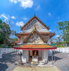 Naklejka premium Bang Ramat,Taling Chan,Bangkok,Thailand on January8,2021:Beautiful art and architecture of the old ordination hall of Champa Temple.