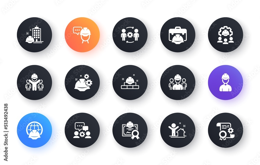 Aufkleber engineering icons set. technical documentation, people and teamwork. blueprint with gear, engineer a
