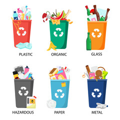 Waste sorting. Big collection of garbage types. Organic, paper, metal, hazardous, plastic and other trash icons, bins - 513492466