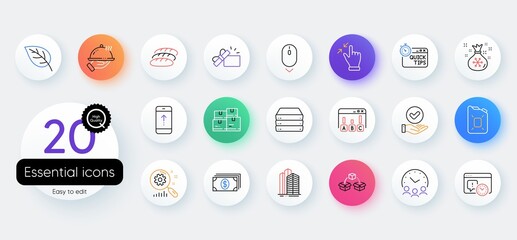 Simple set of Touchscreen gesture, Servers and Meeting time line icons. Include Banking, Canister oil, Parcel shipping icons. Project deadline, Approved checkbox, Survey results web elements. Vector