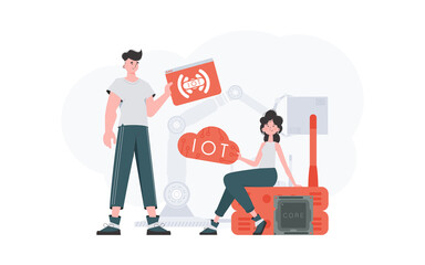 A man and a woman are a team in the field of the Internet of things. Internet of things and automation concept. Good for websites and presentations. Trendy flat style. Vector.