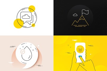 Minimal set of Vitamin e, Gluten free and Weather forecast line icons. Phone screen, Quote banners. Mountain flag icons. For web development. Oil drop, Bio ingredients, Cloudy. Vector