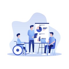 Business Analytics Creative Team Working in Office. Cartoon Male Colleagues Characters Brainstorming and Analyzing Data on Laptop with Disabled Man in Wheelchair. Vector Flat Illustration.