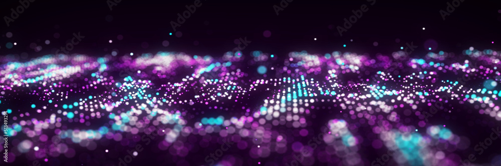 Poster dynamic particle wave. futuristic point wave. flow digital structure. data technology background. 3d