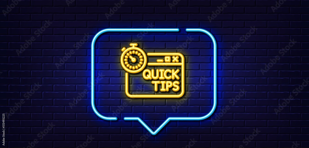Poster neon light speech bubble. quick tips line icon. helpful tricks sign. tutorials with timer symbol. ne